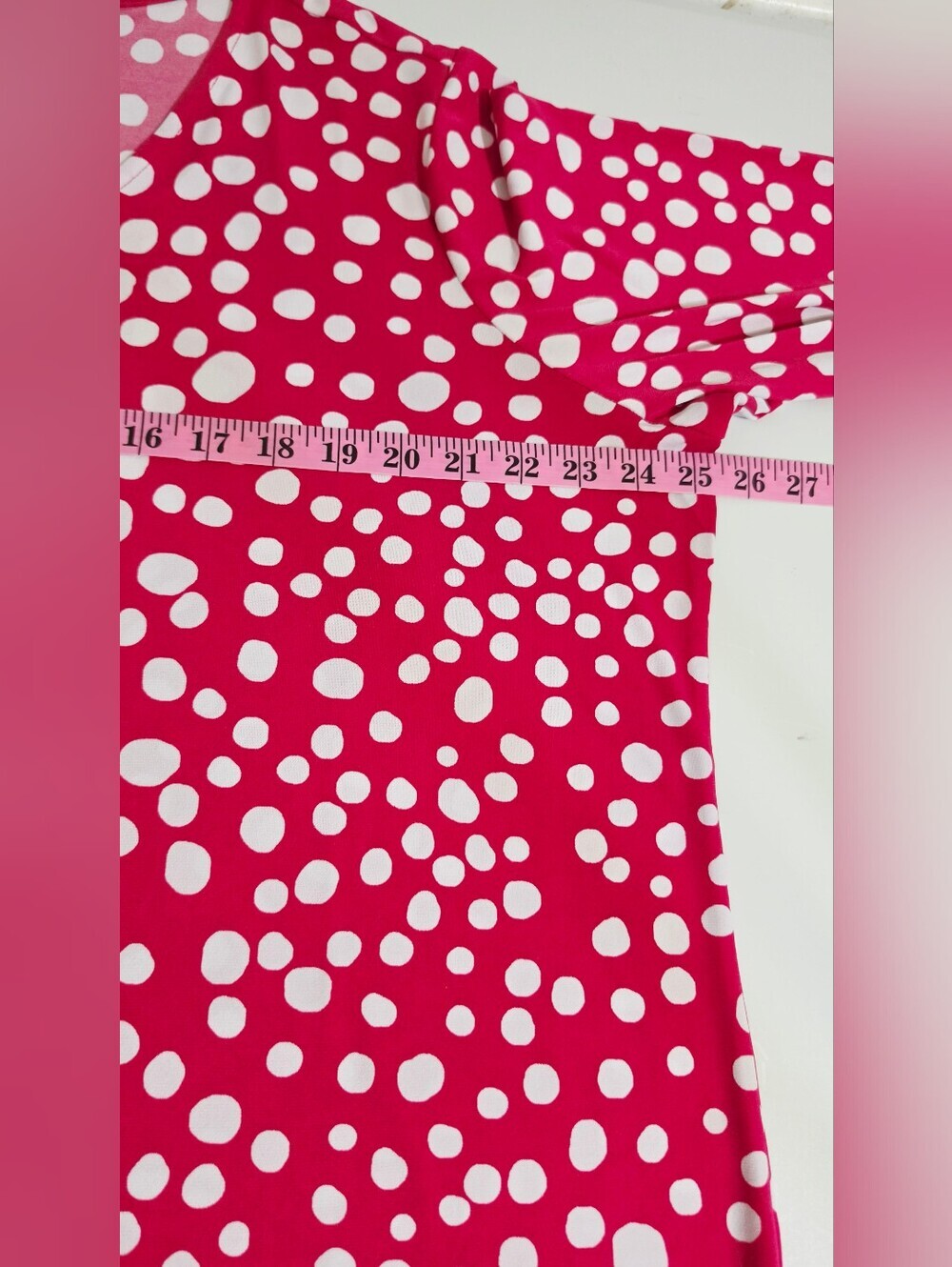 Susan Graver 1X Liquid Knit Tunic Top Pink White Polka Dot Bell Sleeve Stretch - Picture 7 of 11